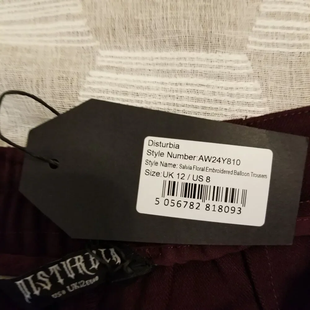 NWT Disturbia Floral Embroidered Balloon Trouser Purple Women's 8 - Picture 10 of 10